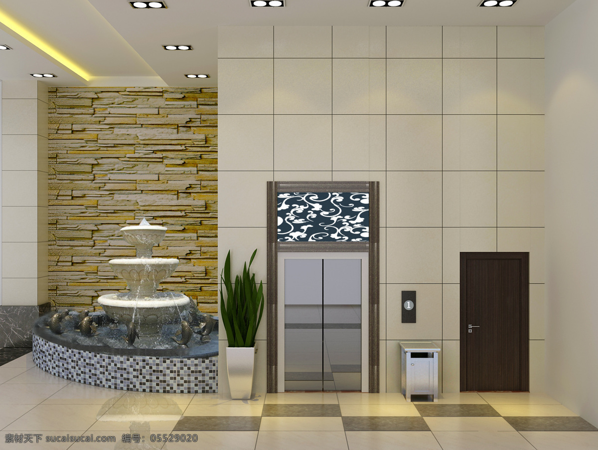 电梯 口 花草 环境设计 垃圾桶 喷泉 室内设计 室内效果图 电梯口 植物 效果图 效果图设计 家居装饰素材
