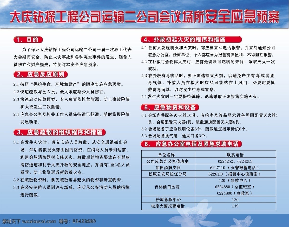 安全应急预案 蓝色背景 消防 安全应急 应急反应原则 应急 疏散 程序 措施 救火程序 应急物资设备 紧急求助电话 展板模板 广告设计模板 源文件