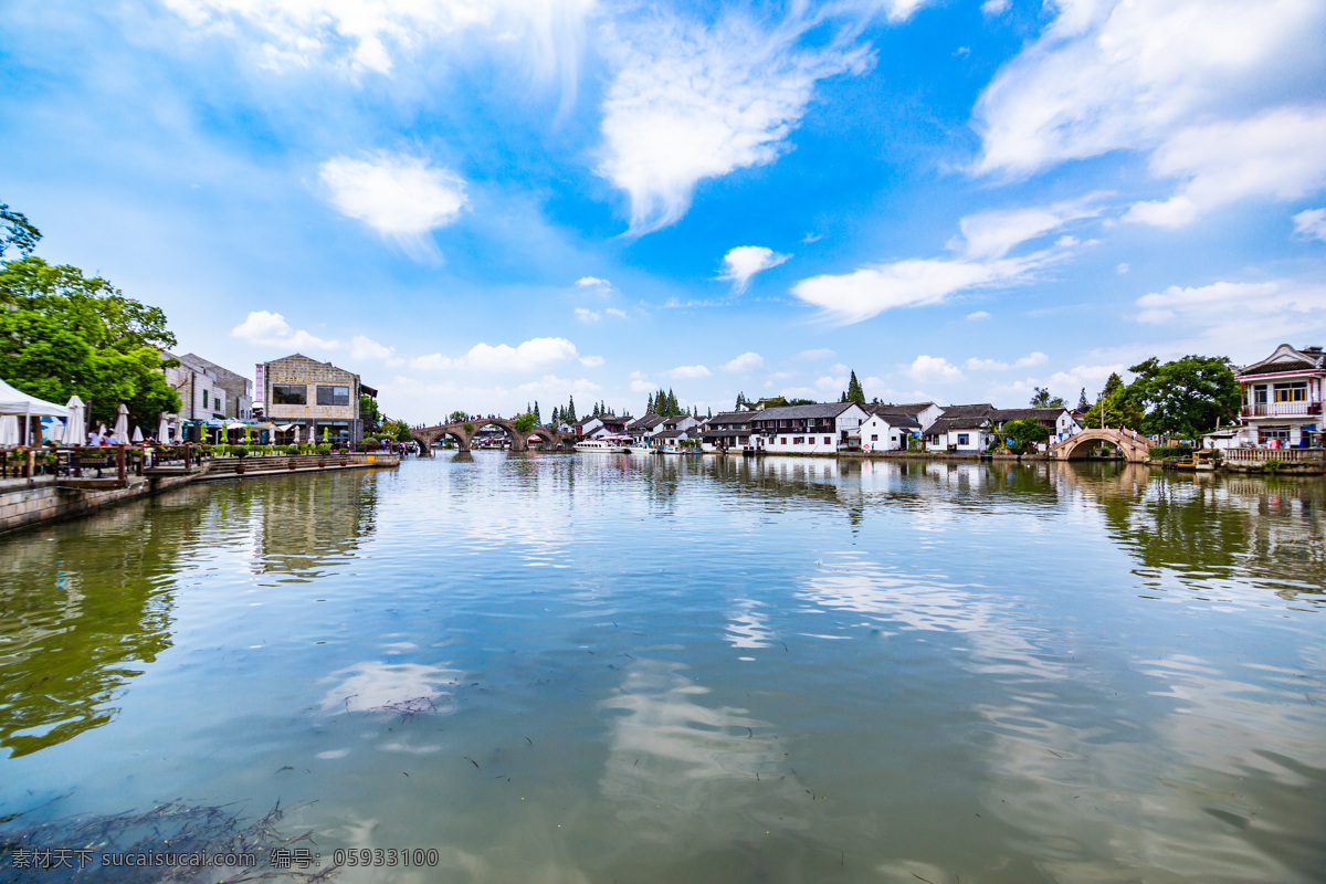 江南水乡 河流 美景 倒影 蓝天 房屋 云朵 多娇江山 自然景观 自然风景