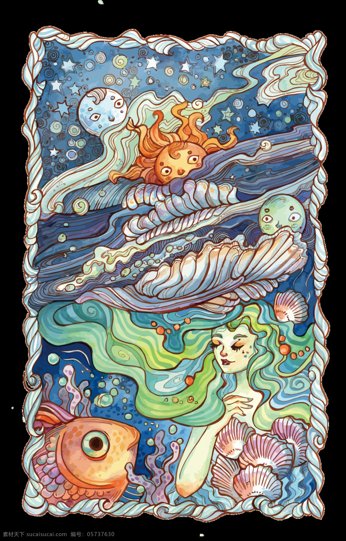 彩绘 童话 海底 世界 图案 元素 海底世界 卡通装饰 美人鱼 免扣素材 手绘图 童话世界 童话装饰物 鱼