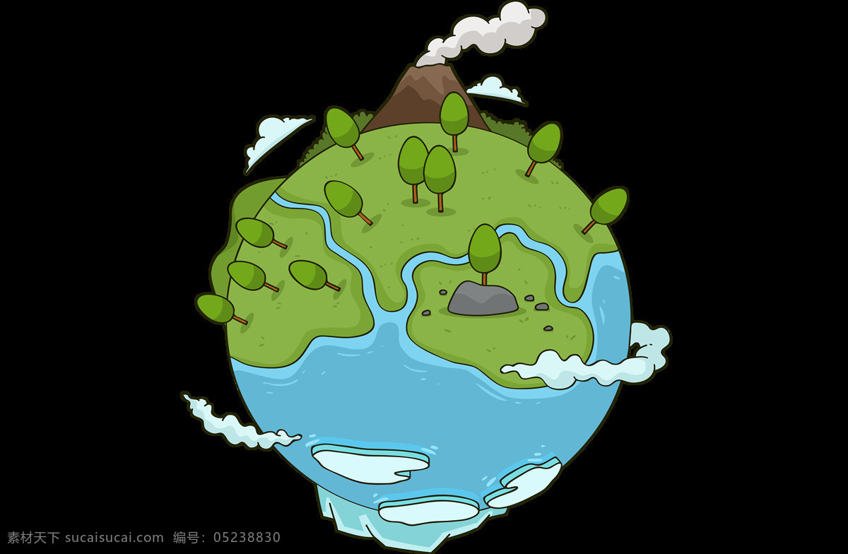 手绘 绿色 地球 元素 小清新 环保 火山 大海 山坡 png元素 免抠元素 透明元素