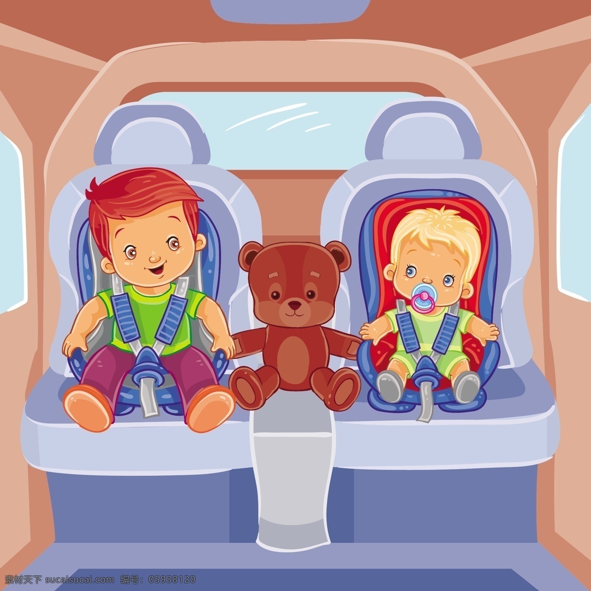 两个 小 男孩 坐在 儿童 汽车 座椅 上 婴儿 书籍 模板 人物 卡通 可爱 微笑 快乐 孩子 熊 安全 椅子 徽章 有趣 小男孩 卡通人物