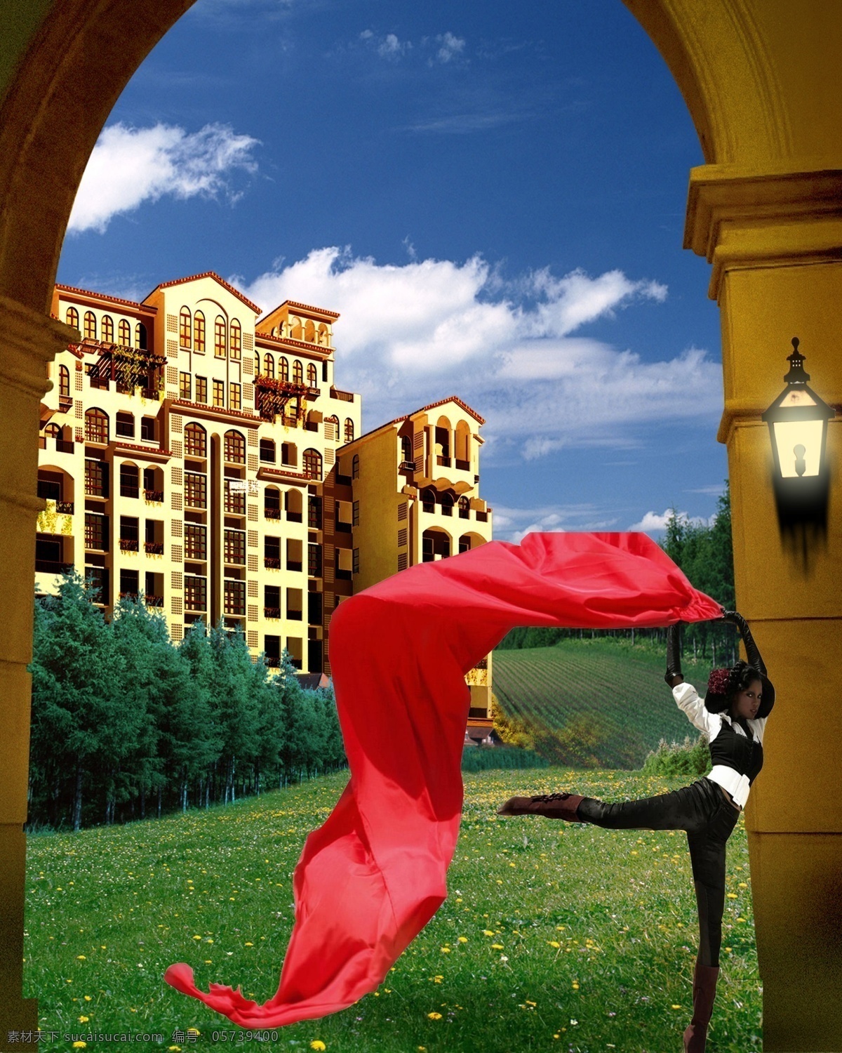 房地产广告 广告设计模板 红飘带 红丝带美女 花园洋房 美女 欧式 源文件 模板下载 欧式花园洋房 装饰素材