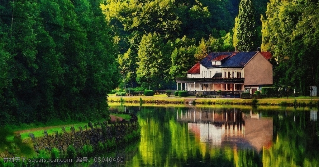 树木绿水别墅 自然 乡下 绿色 湖泊 房子 别墅 树木 风景图片 自然景观 自然风景
