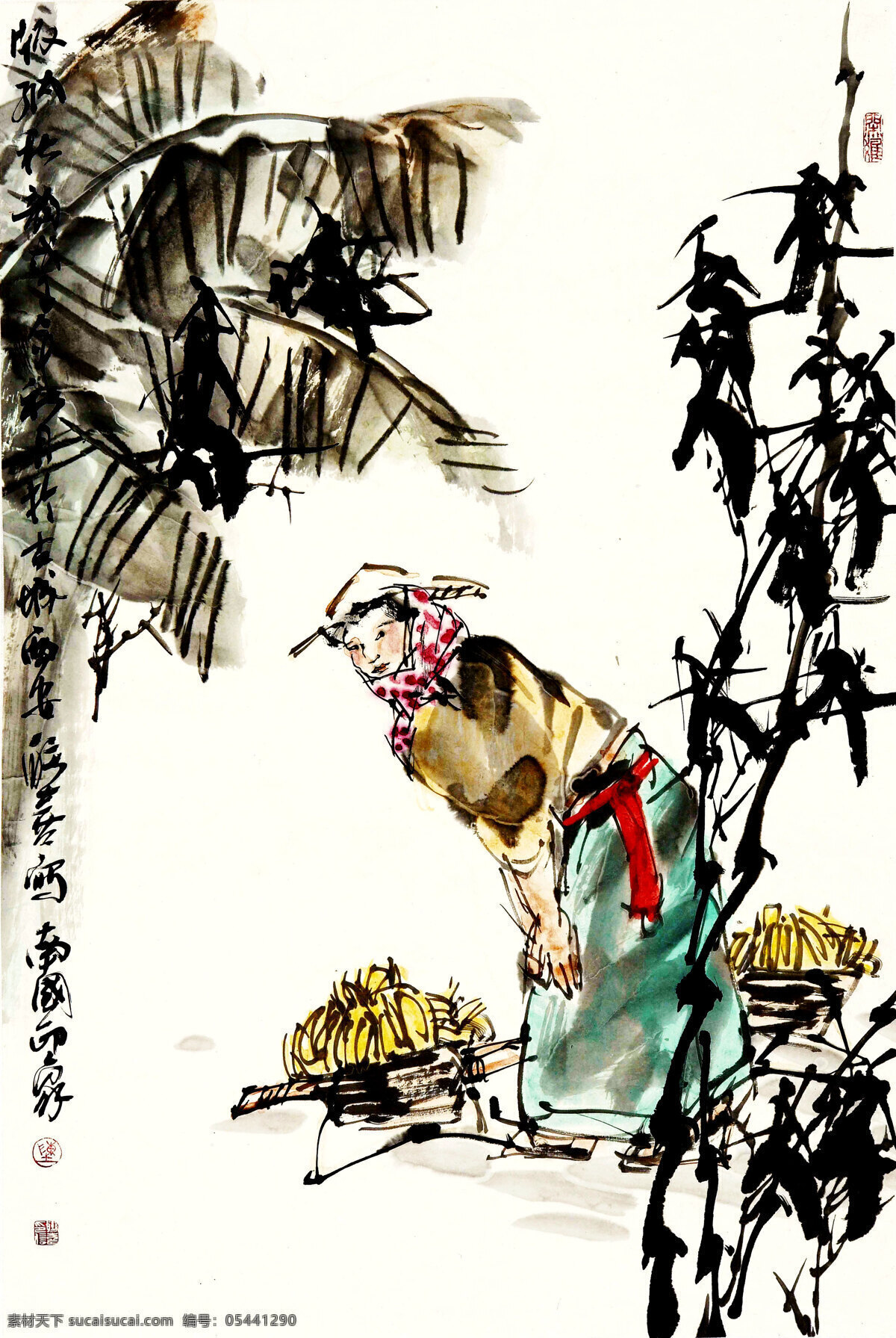 芭蕉 表情 彩墨画 动作 服饰 妇女 工笔画 国画艺术 蕉林人家 绘画 中国画 人物 女人 农妇 姿态 蕉园 书法 印章 国画集31 绘画书法 文化艺术 装饰素材 雕刻 图案