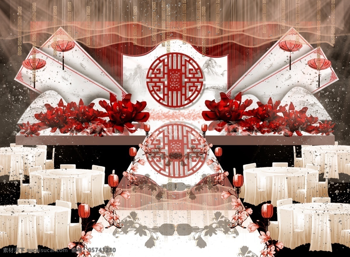 红色 新 中式 红花 大理石 镂空 婚礼 效果图 花朵 暗纹 灯笼