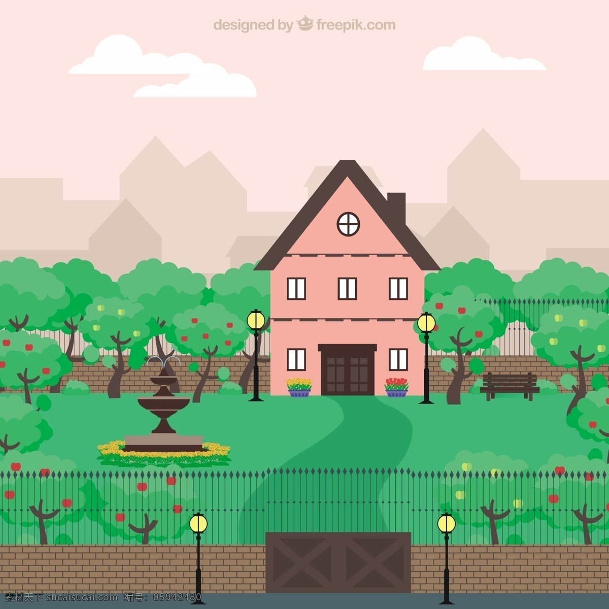 可爱 粉红色 房子 一个 大 花园 自然 绿色 粉色 景观 平 蔬菜 园林 树 平面设计 植物 栅栏 园艺 种植 喷泉 成长 灯柱 白色