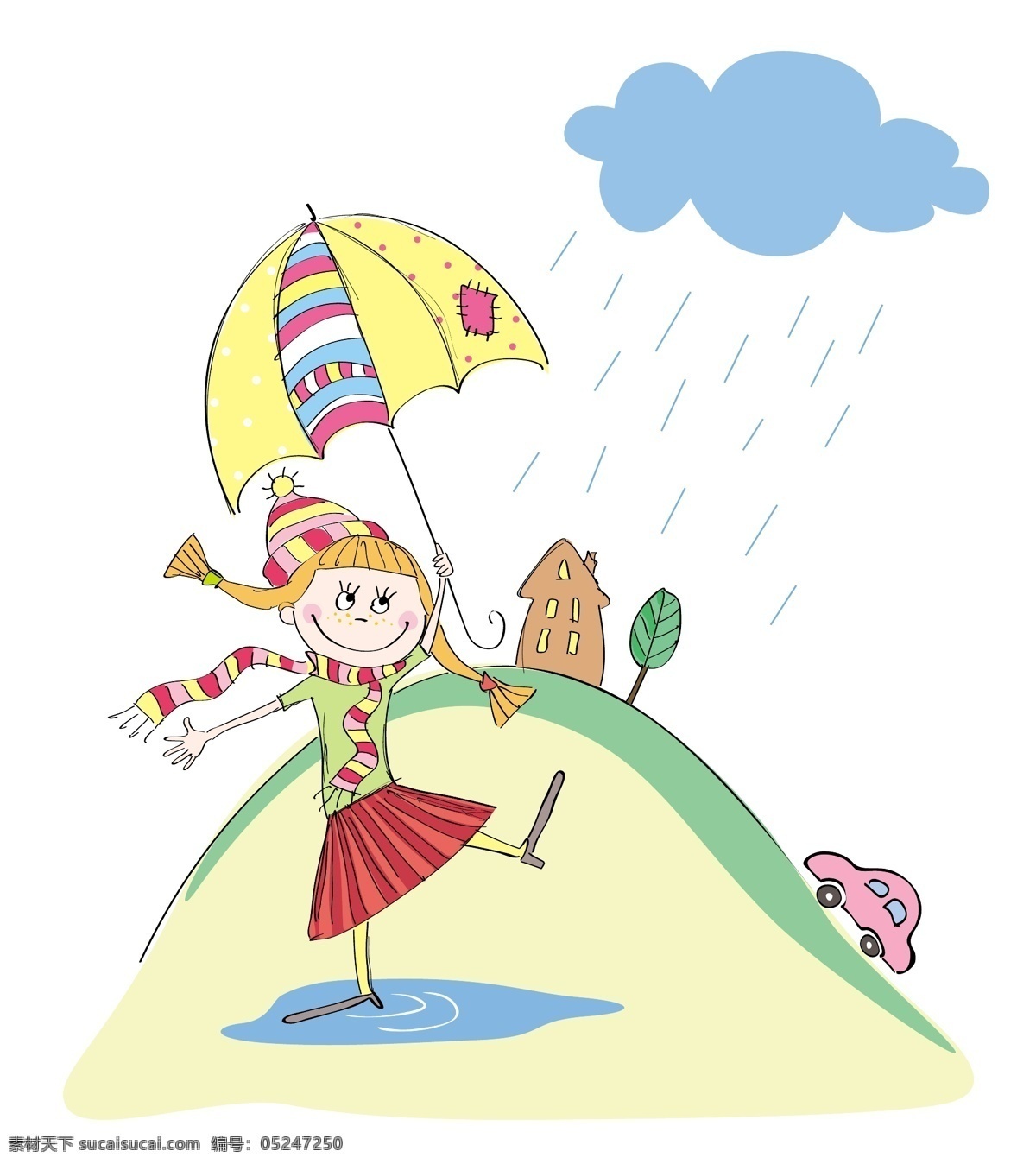 小女孩 插画 风景 背景 矢量 撑伞的小女孩 下雨天 山坡 卡通 手绘