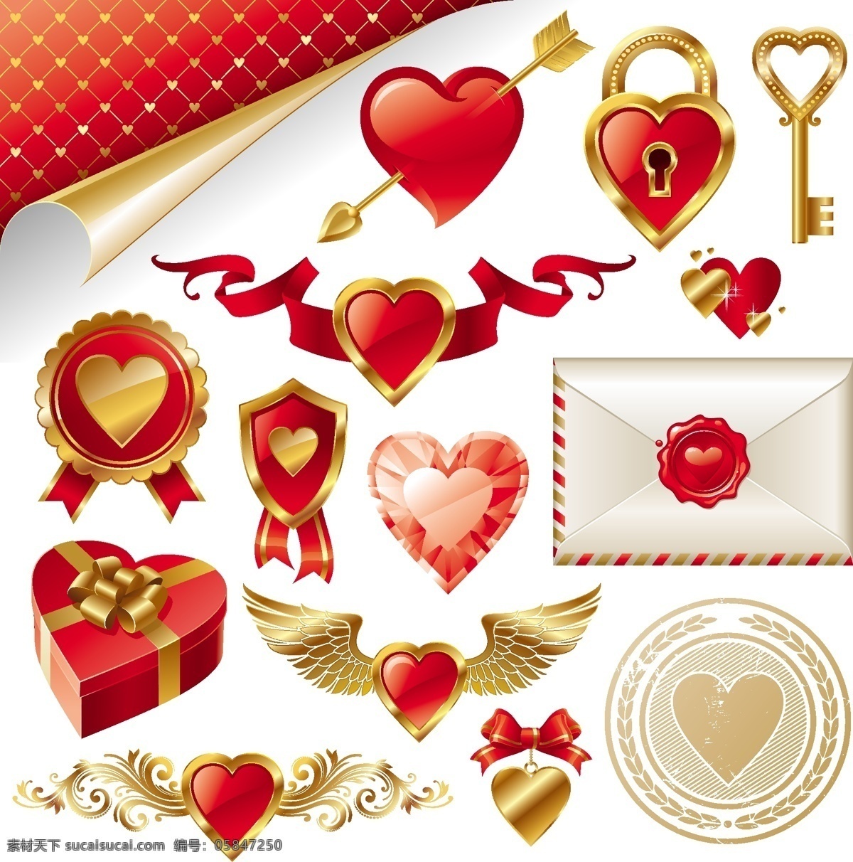 矢量 红色 爱情 元素 花边花纹 丝带 信封 一箭穿心 金色爱情元素 红色矢量元素 同心锁