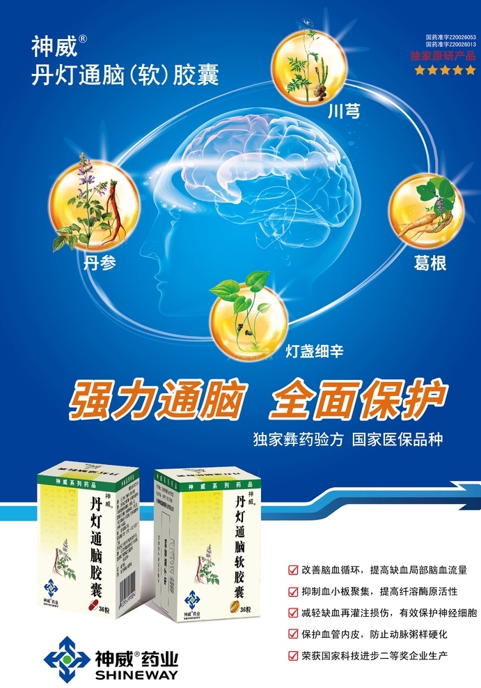 中药海报设计 丹灯 中药材 海报 软胶囊 蓝色背景 大脑 脑神经 气泡