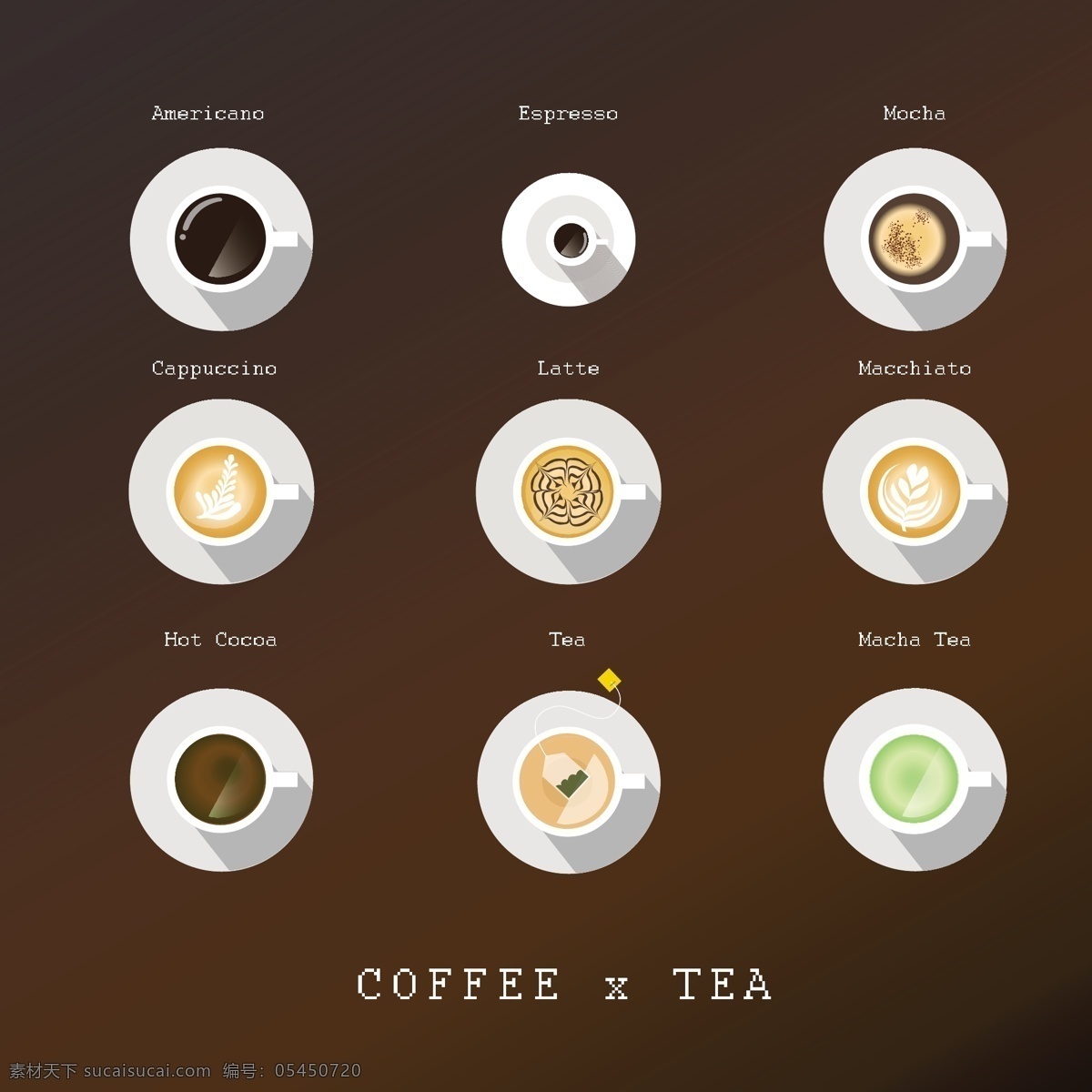款 美味 咖啡 俯视图 矢量 美式咖啡 卡布奇诺 蒸馏咖啡 浓咖啡 摩卡咖啡 拿铁 热可可 抹茶 玛奇雅朵咖啡 茶 饮品 矢量图