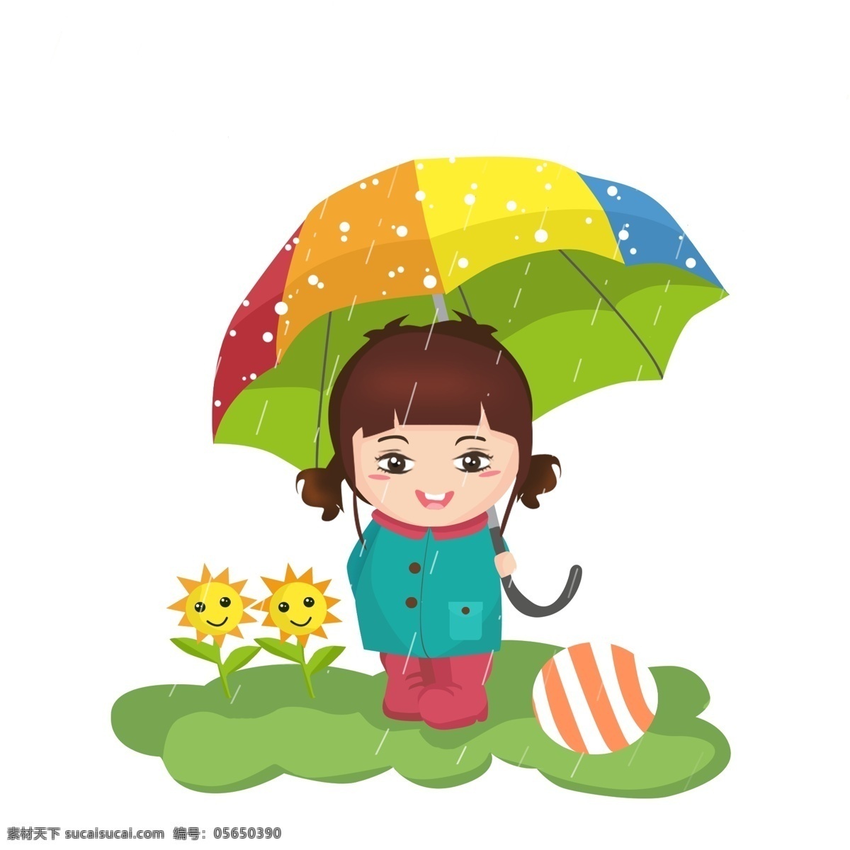 商用 高清 手绘 卡通 人物 打伞 小姑娘 元素 卡通形象 雨天 皮球 雨伞 小葵花 女孩打伞 可商用