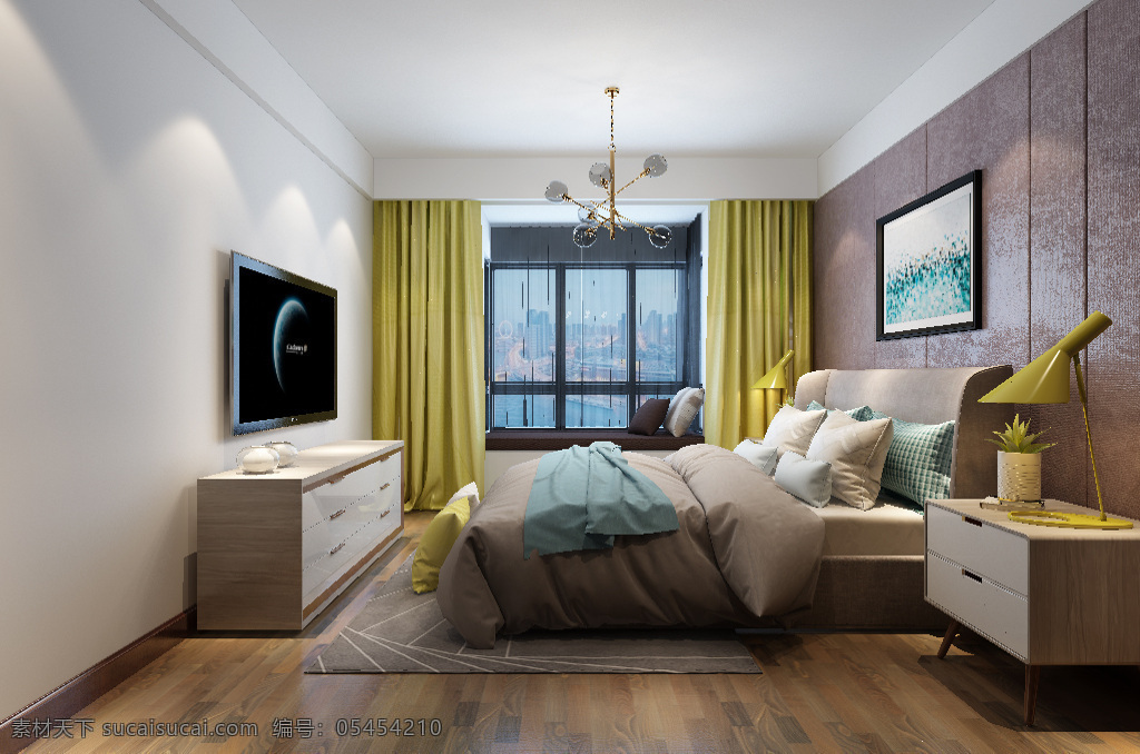 现代 时尚 卧室 效果图 简约 背景墙 3d 流行 色彩鲜亮