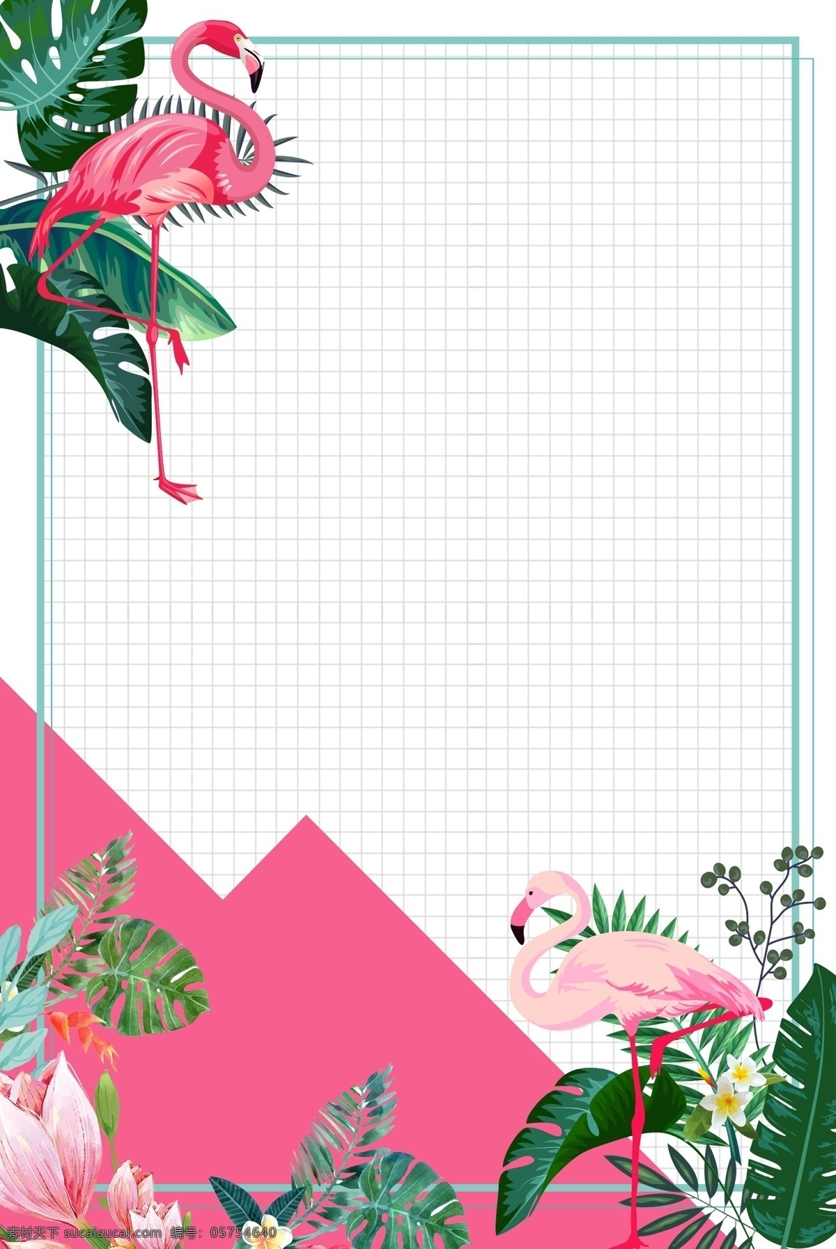 简约 热带 植物 火烈鸟 背景 绿叶 边框 背景图 创意 广告背景 手绘背景 通用背景 促销背景 背景展板图