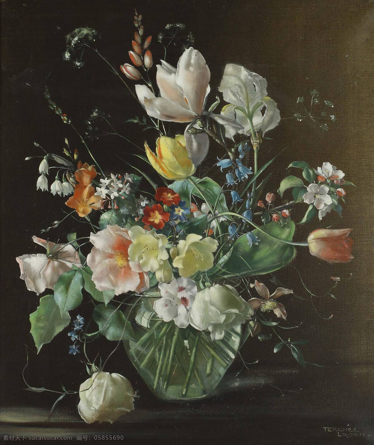 静物花卉 混搭鲜花 栀子花 郁金香 鸢尾 玲兰 玻璃花瓶 20世纪油画 油画 文化艺术 绘画书法