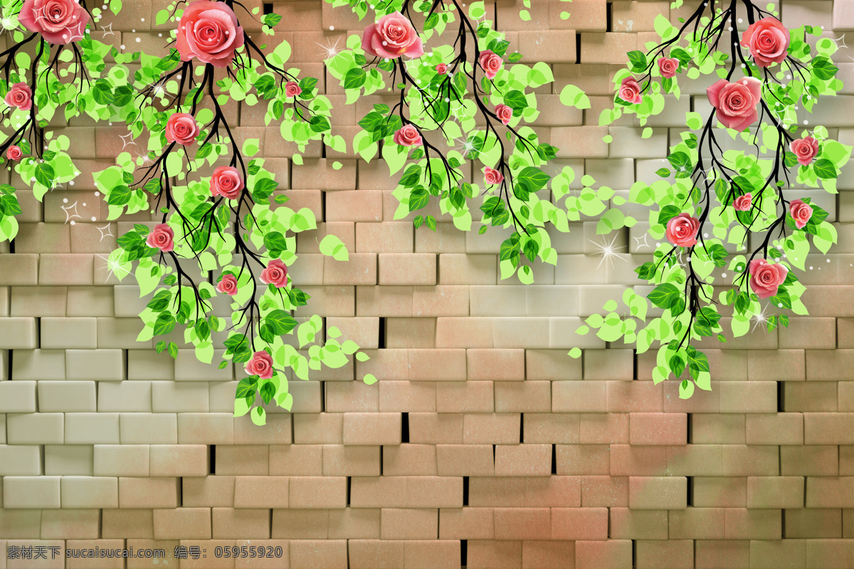3d 玫瑰花 立体 创意 画 背景 墙 砖墙 现代 时尚 背景墙 瓷砖 电视背景墙
