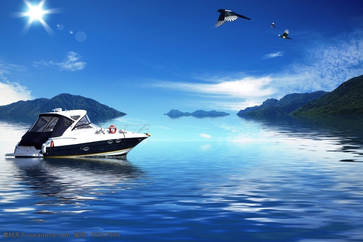 大海 游艇 风景 喜鹊 阳光 山峰 蓝天 白云 景观设计 环境设计