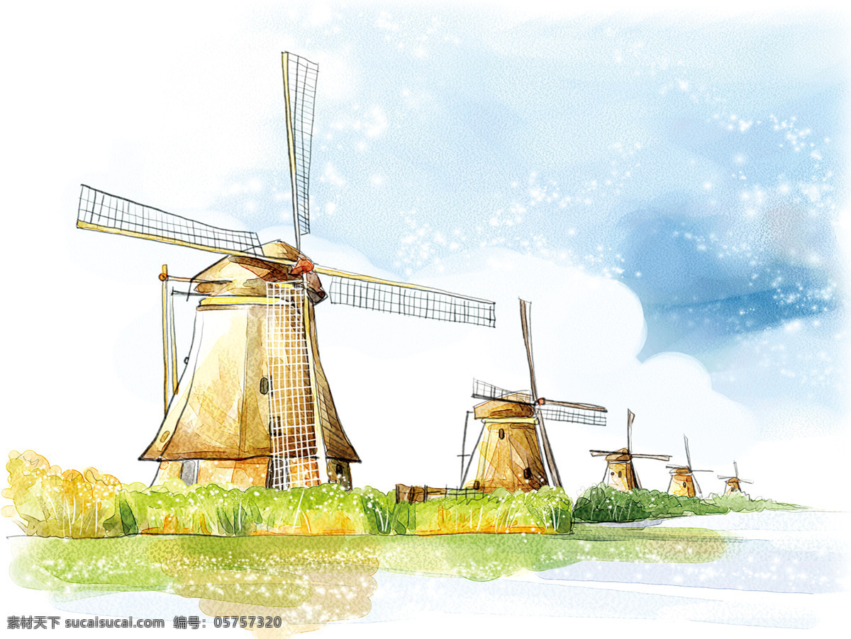 卡通 风景 荷兰 风车 荷兰风车 卡通风景图片 动漫 可爱 温馨挂画
