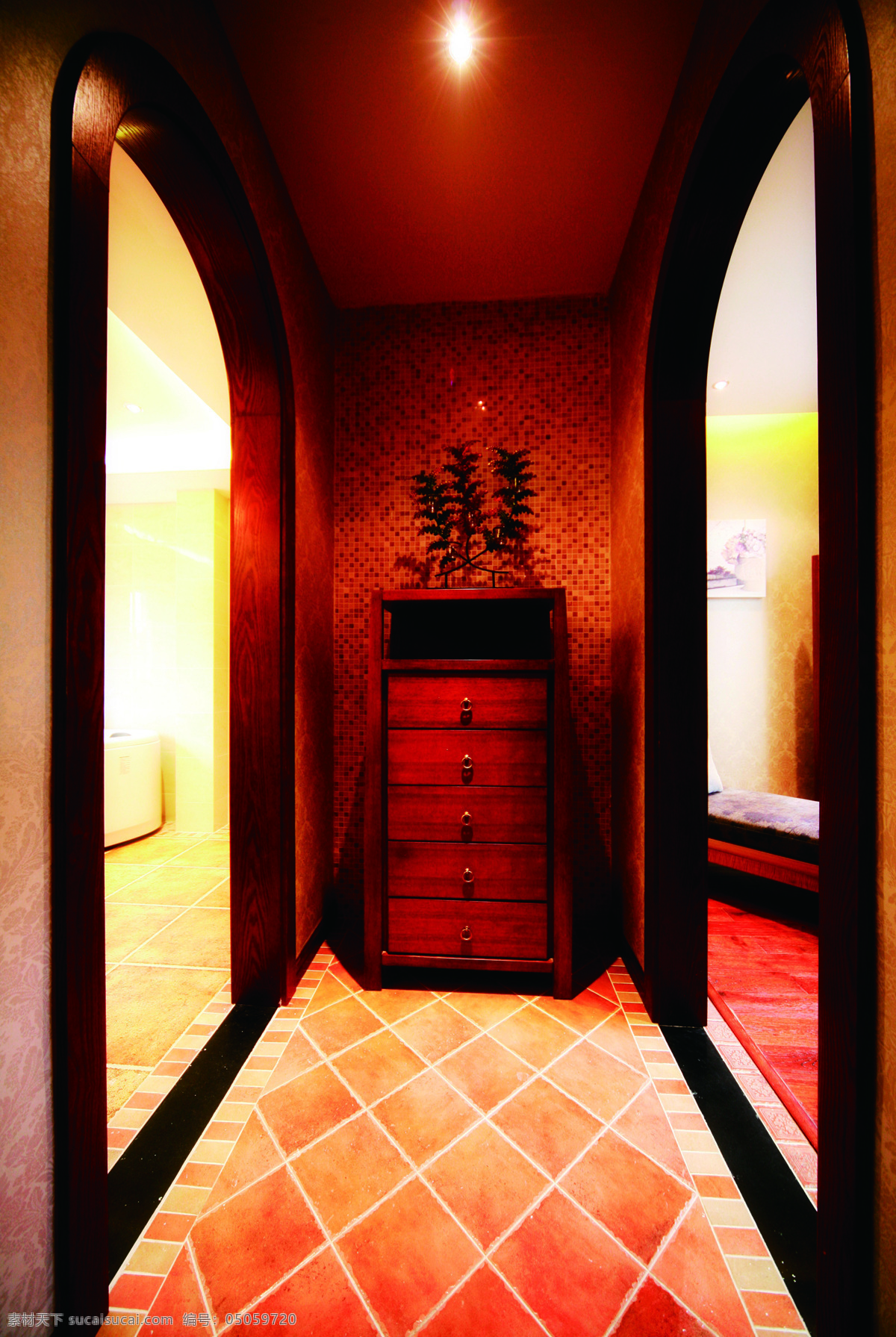 东南亚 暗红色 玄关 室内 装修设计 效果图 盆栽 暗红色灯光 鞋柜 拱门状 菱形条纹地板