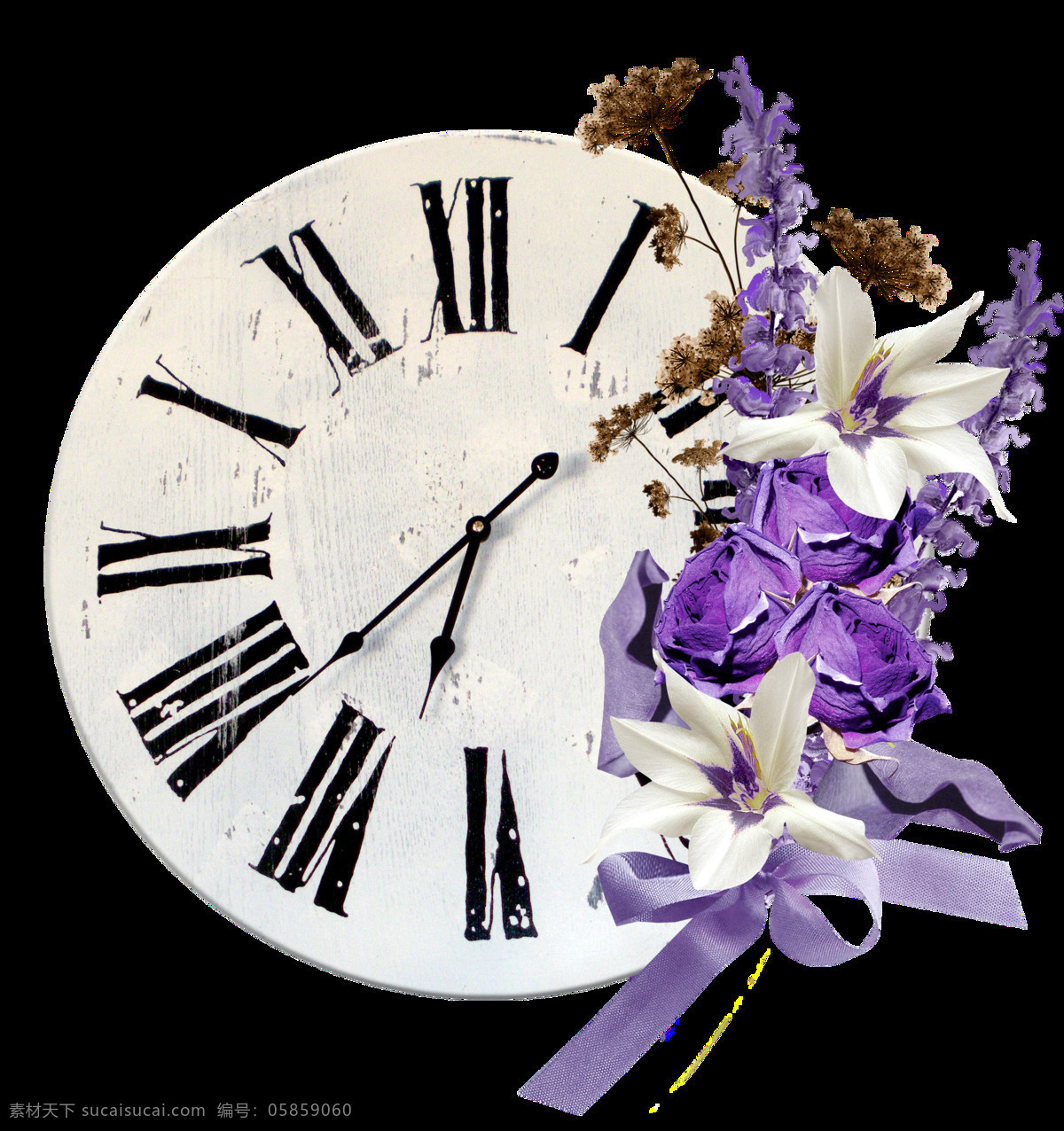 时尚 现代感 花卉 装饰 时钟 透明 圆形 紫色 玫瑰花 百合花 透明素材 免扣素材 装饰图片