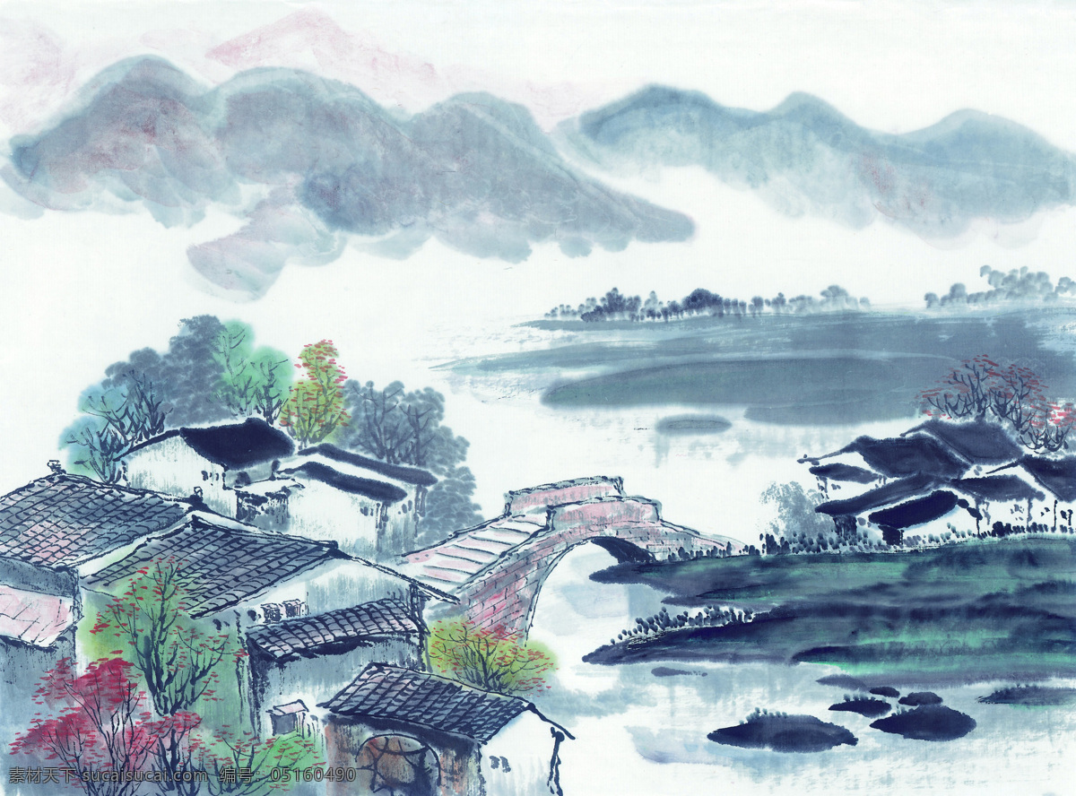 中式 山水 工笔画 水墨 工笔 大山 风景 中式工笔画 文化艺术 绘画书法