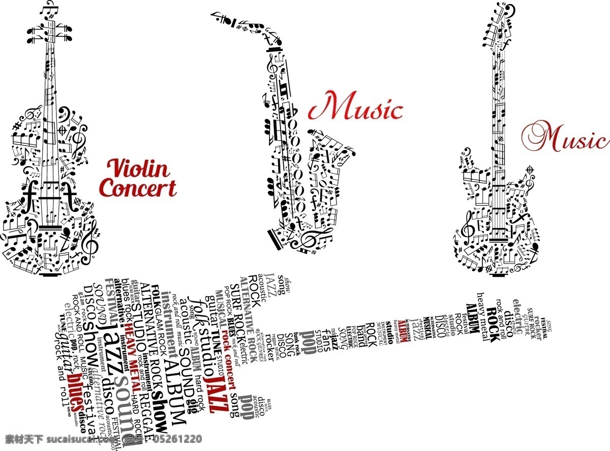 潮流 字母 组成 吉他 矢量 萨克斯 管弦乐器 音乐 图标 摇滚标签 影音娱乐 矢量素材 白色