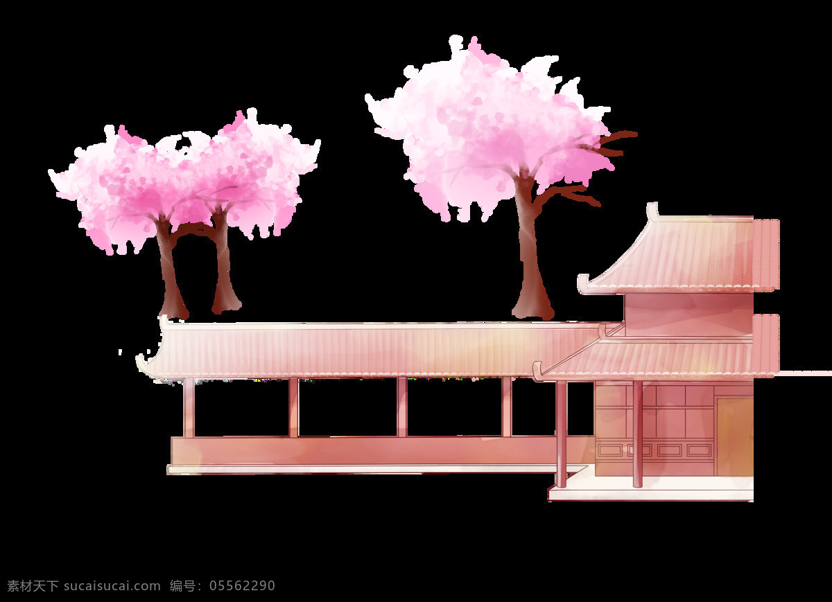 卡通 日式 建筑 粉色 花树 元素 树木 旅游 古代 春天 png元素 免抠元素 透明元素