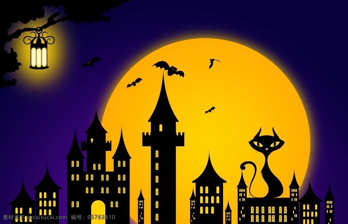 夜空 下 古堡 灯 广告设计模板 建筑剪影 猫剪影 源文件 夜空下的古堡 月亮 其他海报设计