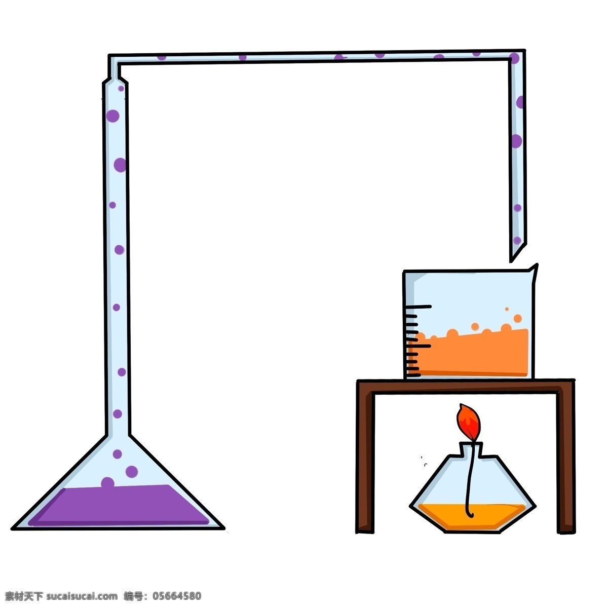 做 实验 工具 气血 插图 红色火苗 白色酒精 燃烧的酒精 棕色架子 橙色液体 燃烧的液体 刻度烧杯 白色实验管