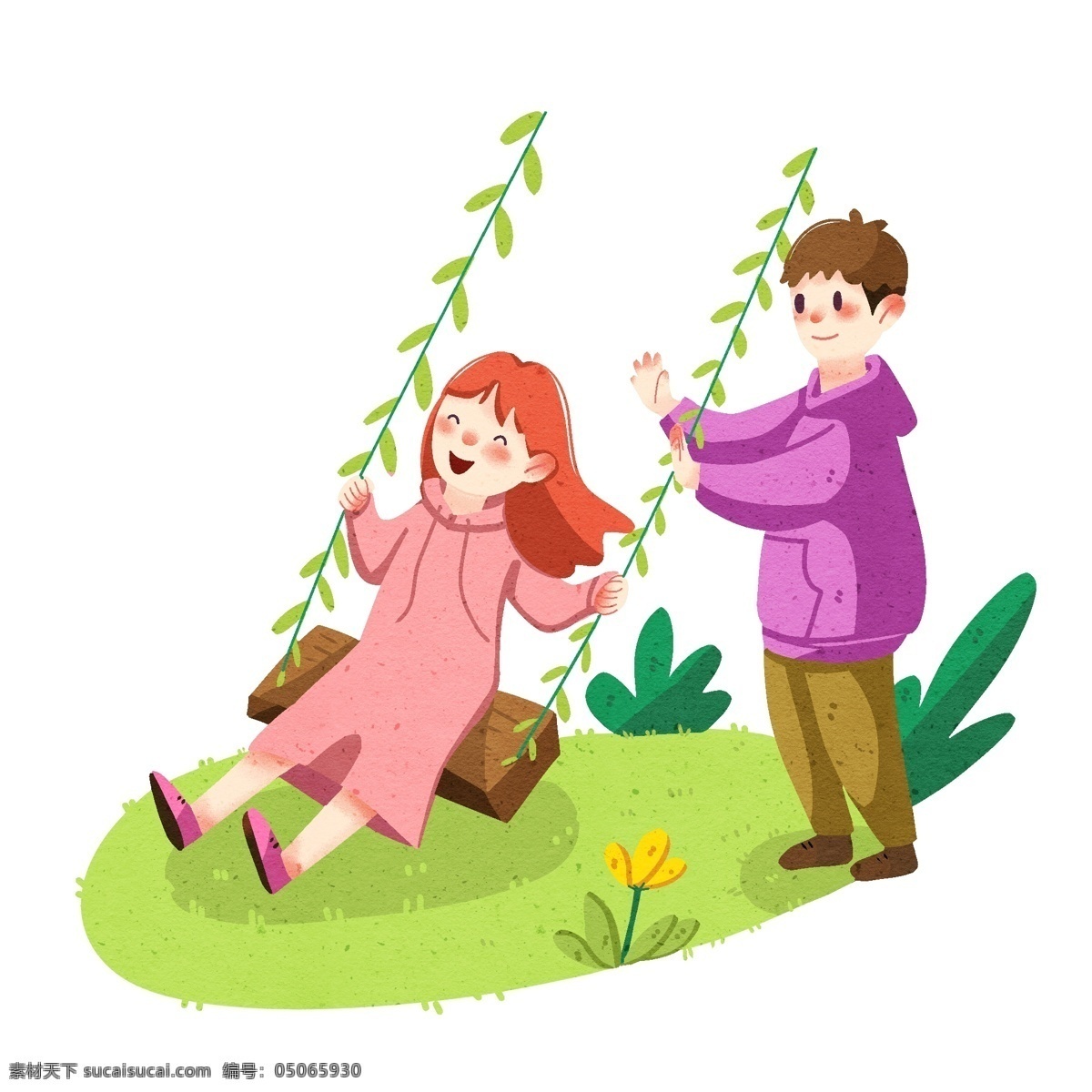 手绘 春分 荡秋千 插画 绿色的叶子 开心的女孩 卡通插画 美丽的景色 绿色的草坪 手绘春分插画