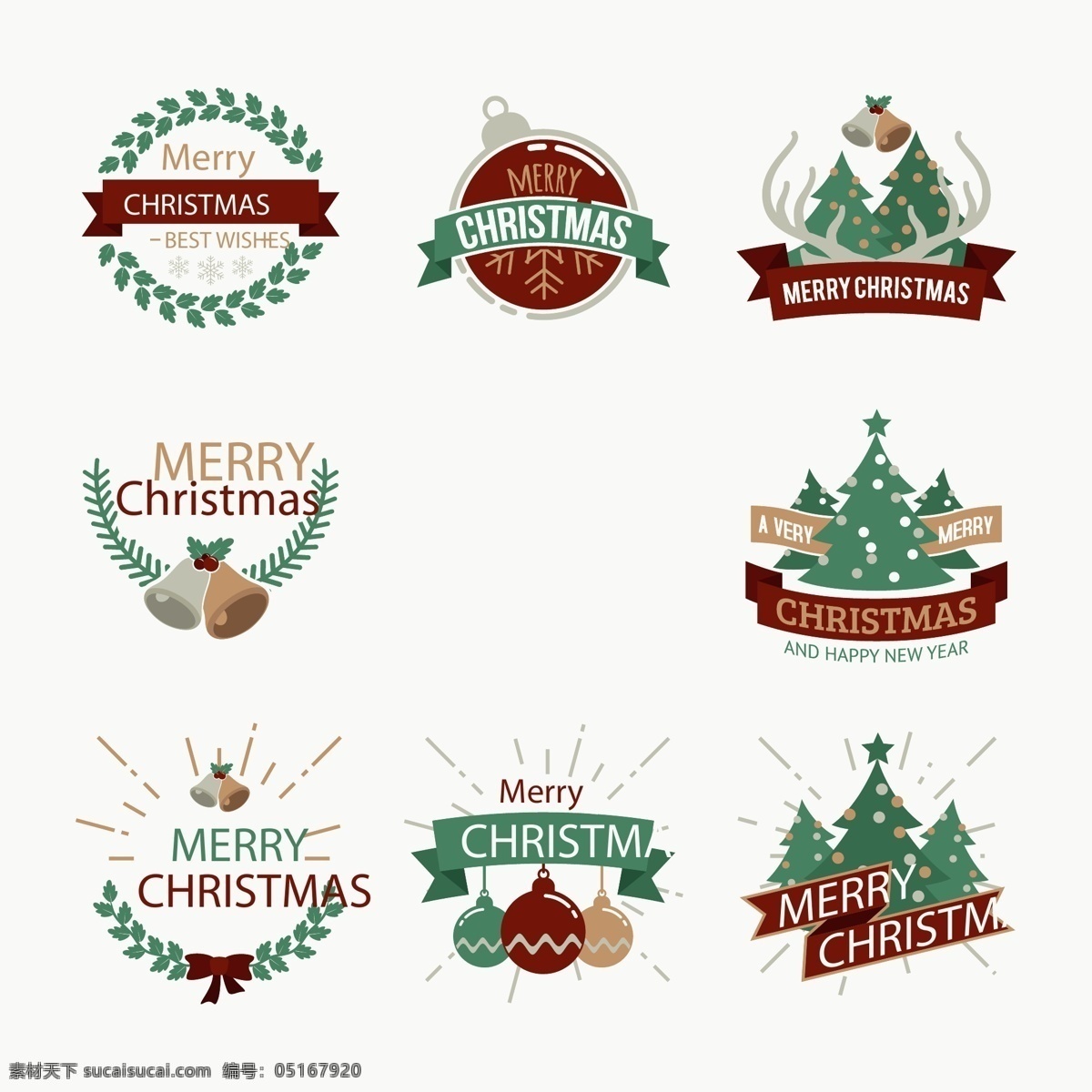 复古 颜色 圣诞 标签 英文 圣诞树 圣诞节 矢量素材 铃铛 装饰品 ai素材