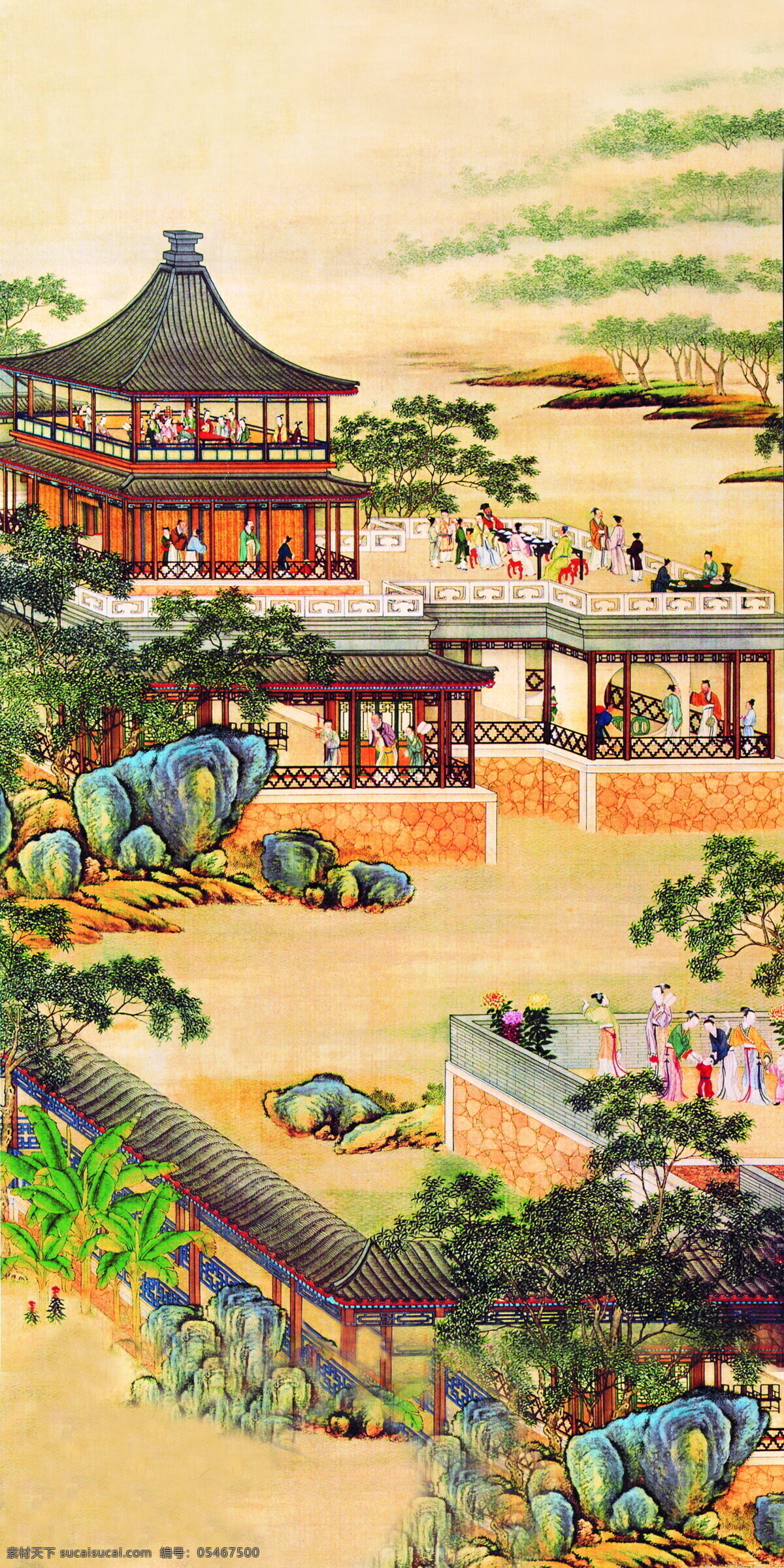 楼阁 楼宇 中国画 工笔 古代名画 古代山水 国画 绘画 美术 牡丹 人物 山水 绶带 重彩 现代 文化艺术
