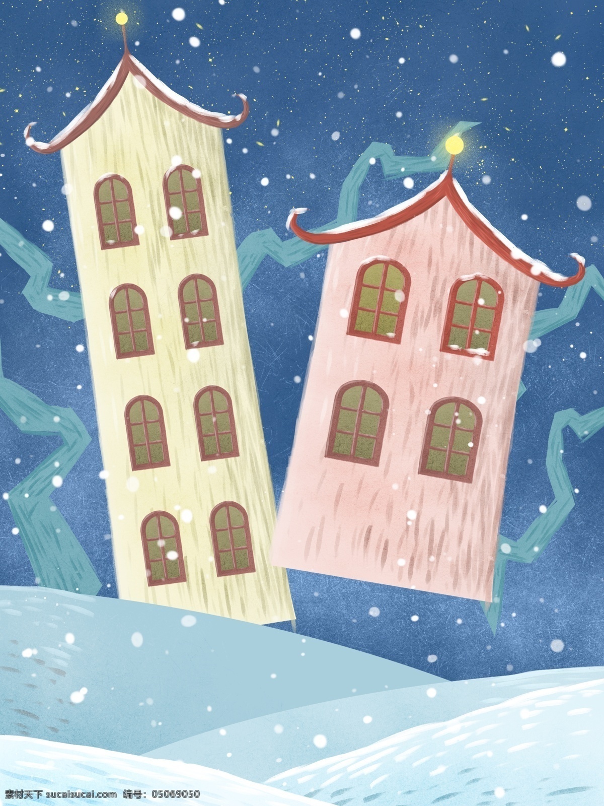 蓝色 浪漫 圣诞 房屋 宣传 展板 背景 星空 唯美 梦幻 圣诞节 圣诞素材 村庄 雪地 下雪 星空背景 广告背景