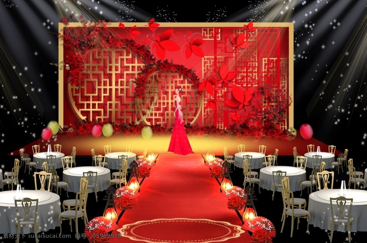 红 金色 系 新 中式 婚礼 效果图 中式婚礼 婚礼效果图 新中式 层次 喜庆 红金色主题 红色花艺 纸灯笼