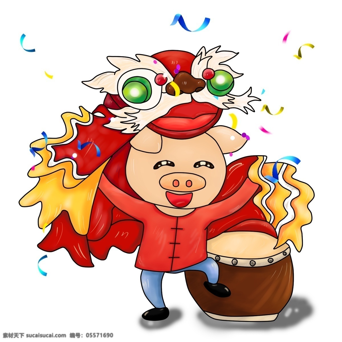猪年 新年 大吉大利 手绘 厚 涂 插画 卡通 舞狮 中国风 喜庆 厚涂 醒狮 打鼓 免抠图