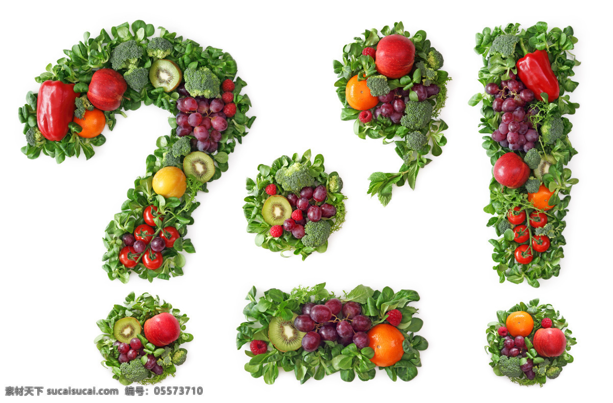 蔬菜水果 组成 标点符号 问号 感叹号 逗号 句号 蔬菜 水果 字母 食物 食材 书画文字 文化艺术 白色