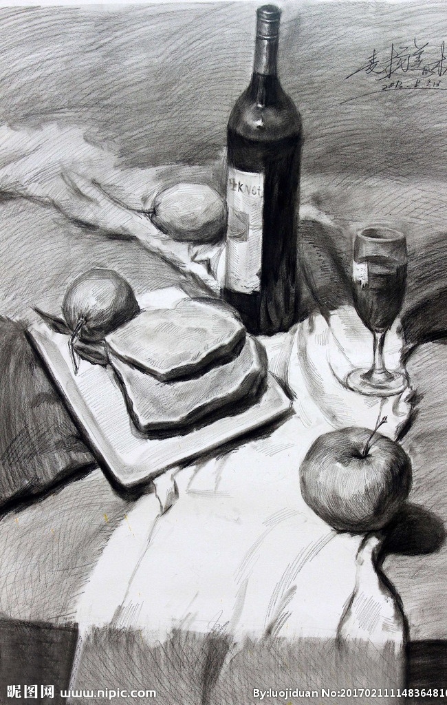 素描 素描静物 静物素描 素描作品 瓶子 苹果 面包 艺术绘画 文化艺术 绘画书法