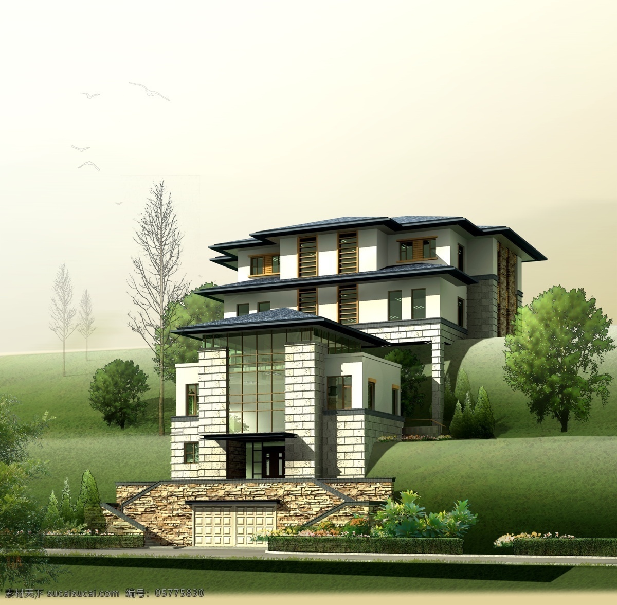 别墅 景观 效果图 房屋 建筑物 草地 树木 飞鸟 马路 灰色天空 景观设计 环境设计