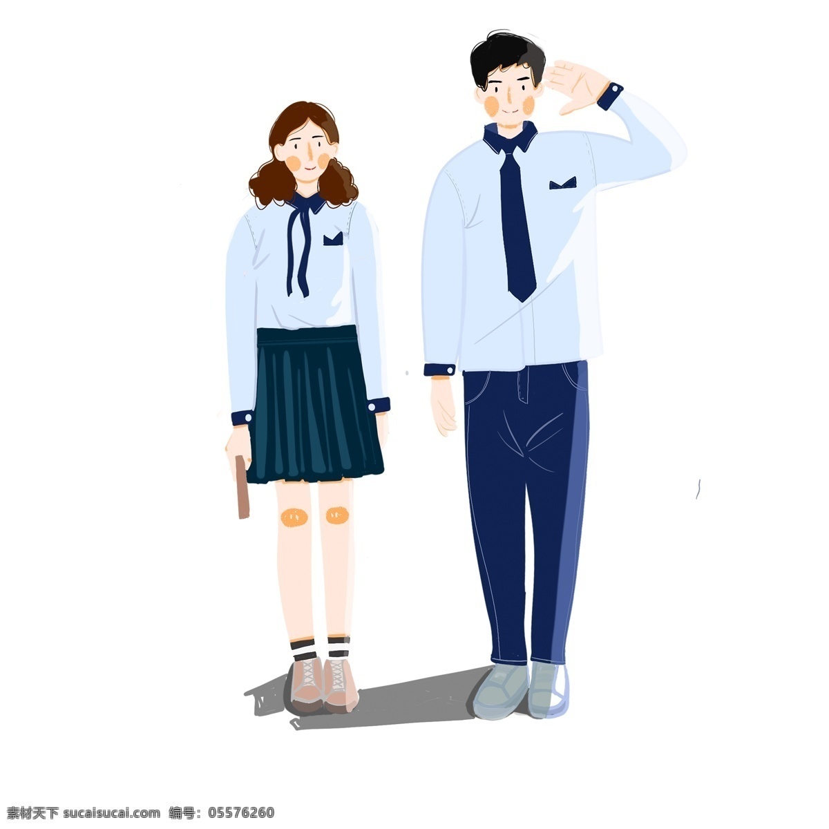 清新 可爱 敬礼 两个 学生 卡通 男生 女生 青年 人物 手绘 校服