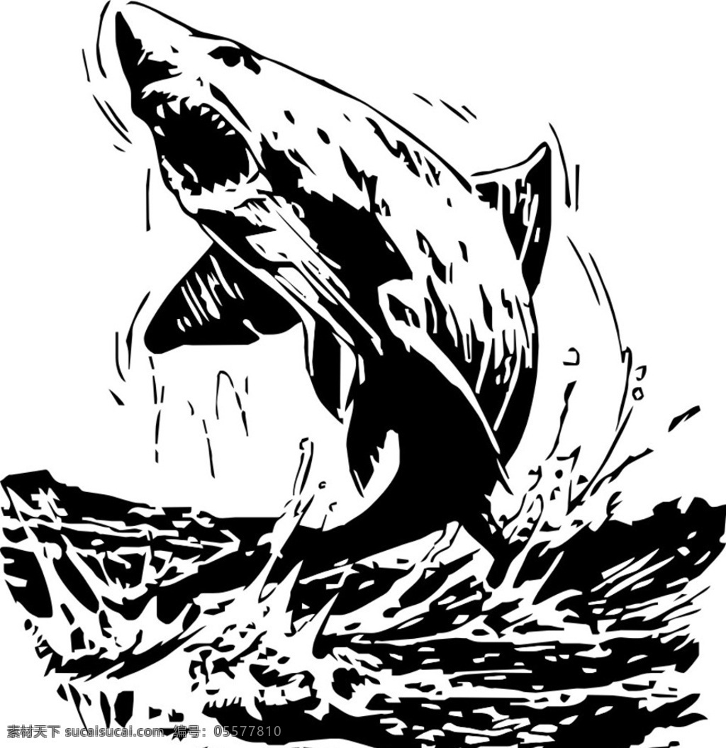 鲨鱼 大海 捕食 海浪 矢量图 黑白 手绘 动植物 文化艺术
