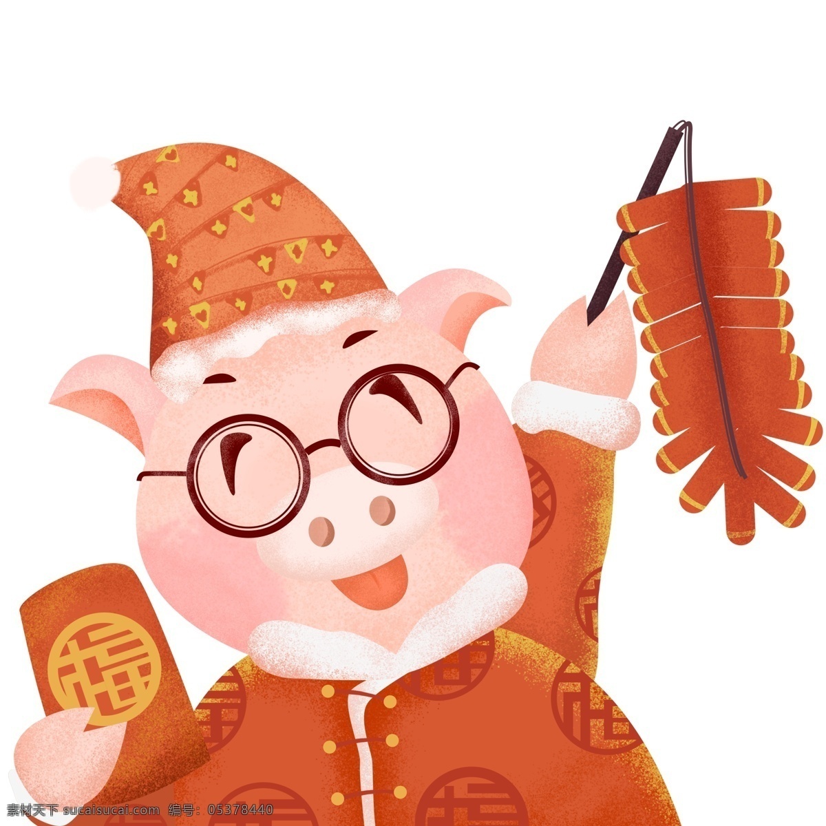 过年 鞭炮 红包 小 猪 喜庆 插画 春节元素 2019年 新年 猪年 小猪形象 猪年形象 手绘