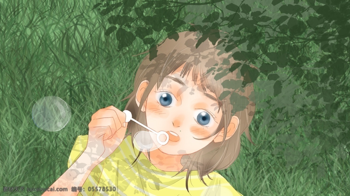 夏天 躺 草地 上 吹 泡泡 小女孩 插图 壁纸 吹泡泡 草坪 小孩