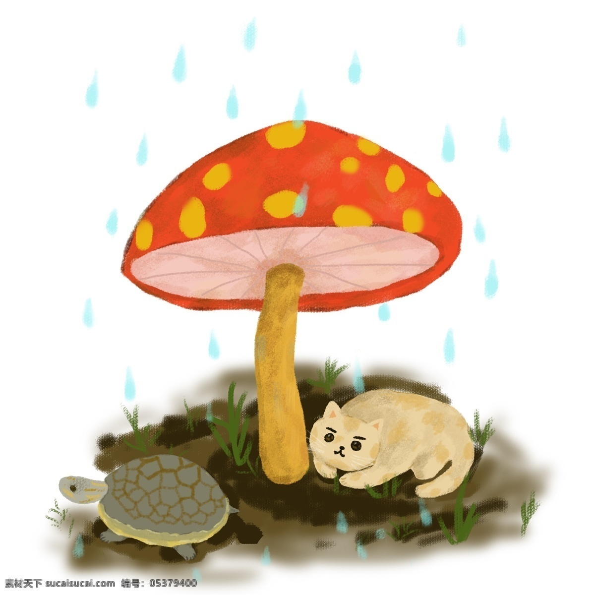 手绘 雨 中大 蘑菇 下 小 动物 元素 雨点 猫咪 乌龟 可爱 故事