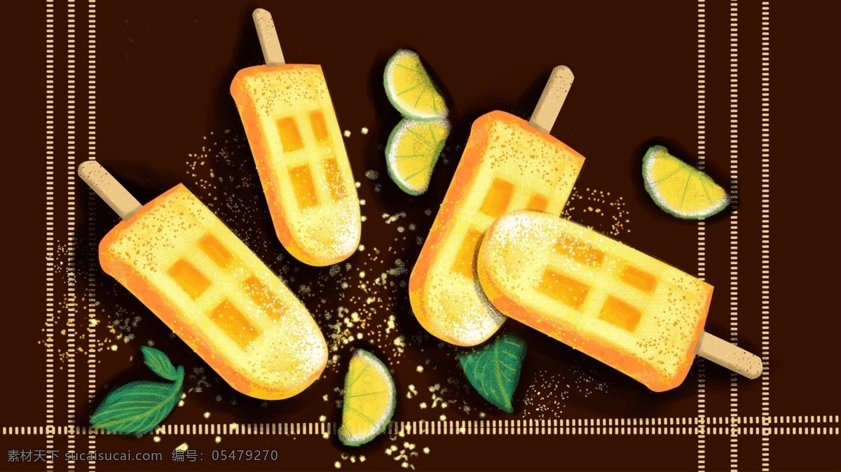 小暑 吃 冰糕 季节 雪糕 夏季 柠檬 黄色 小清新 口味 手绘 薄荷叶