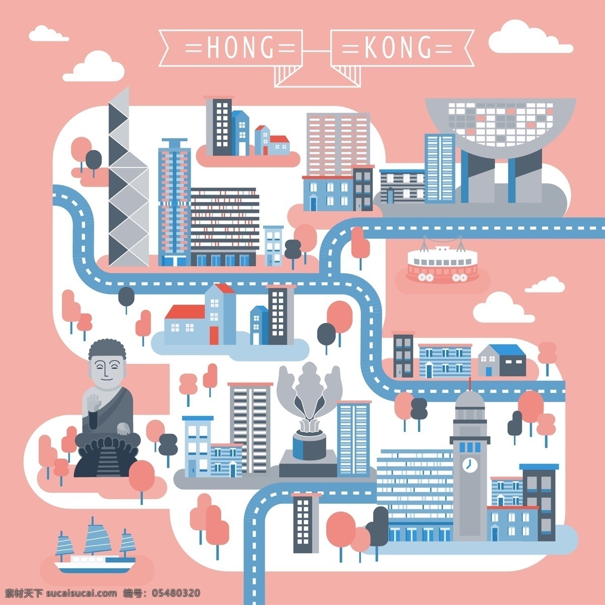 卡通 立体 香港 建筑 地图 插画 地标 旅行 旅游