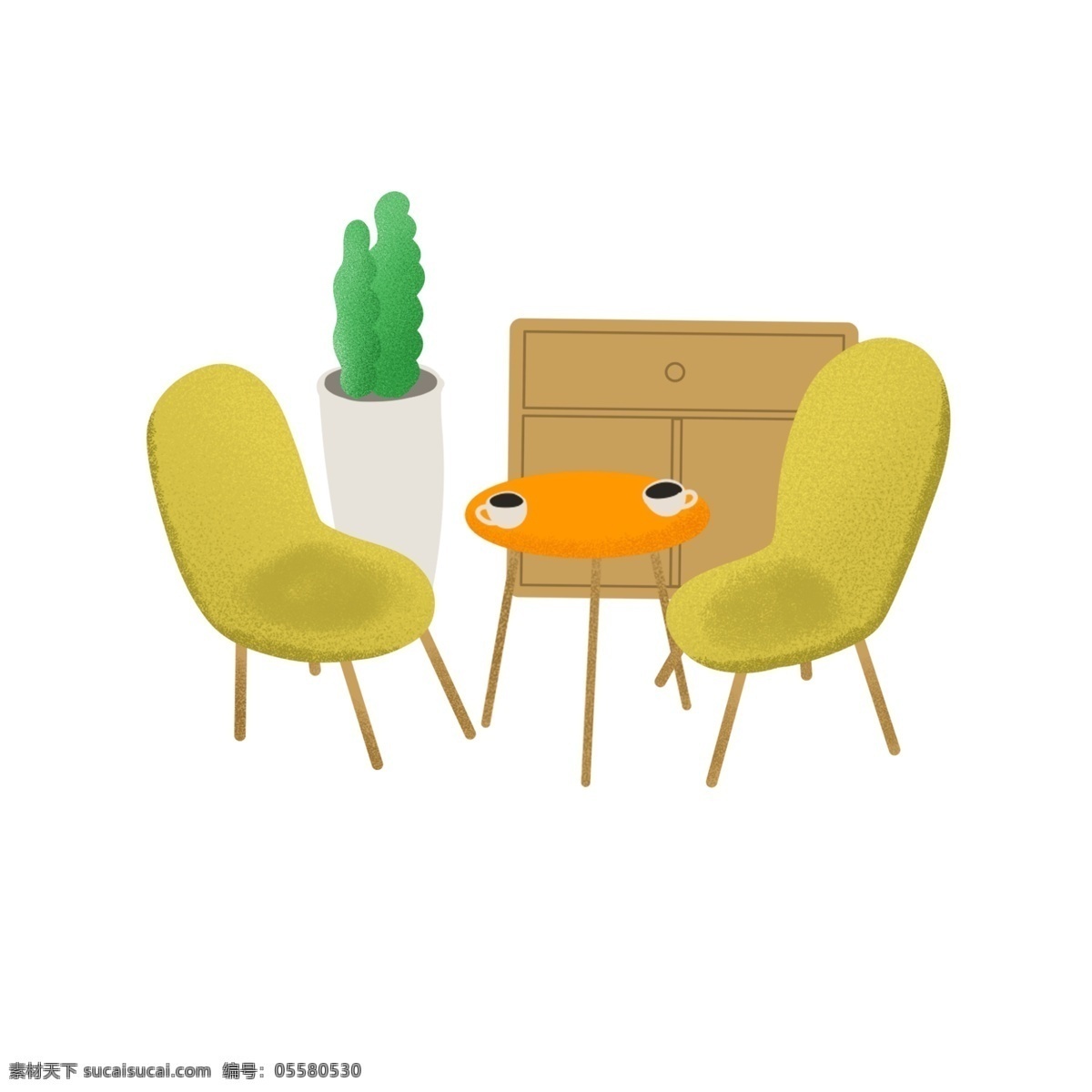 清新 风 家具 插画 png图片 椅子 黄色黄色椅子 绿色植物 桌子 咖啡 茶 柜子 下午时光 下午茶 谈心 生活 家装
