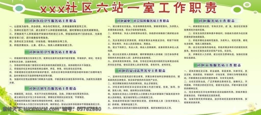 六 站 室 简单展板 绿色展板 社区展板 展板模板 六站一室 社区工作制度 社区 医疗 工作职责 计划生育职责 矢量