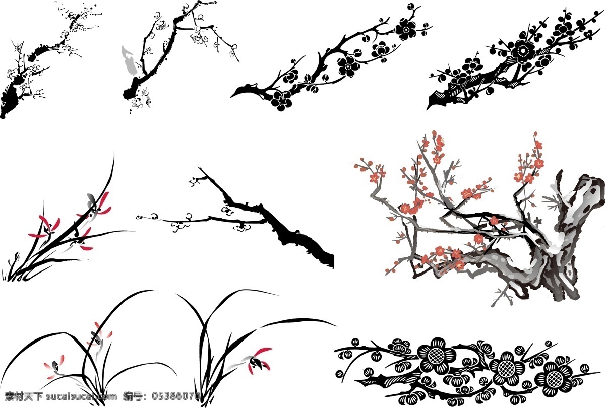 三 矢量 经典 植物 材料 兰花 梅花 病媒生物 矢量图 其他矢量图