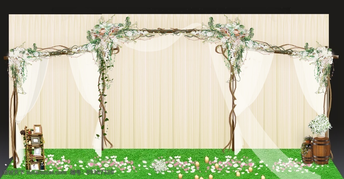 森系婚礼 帷幔 树枝 迎宾区 藤蔓 木水桶 木架子 花瓣 花艺