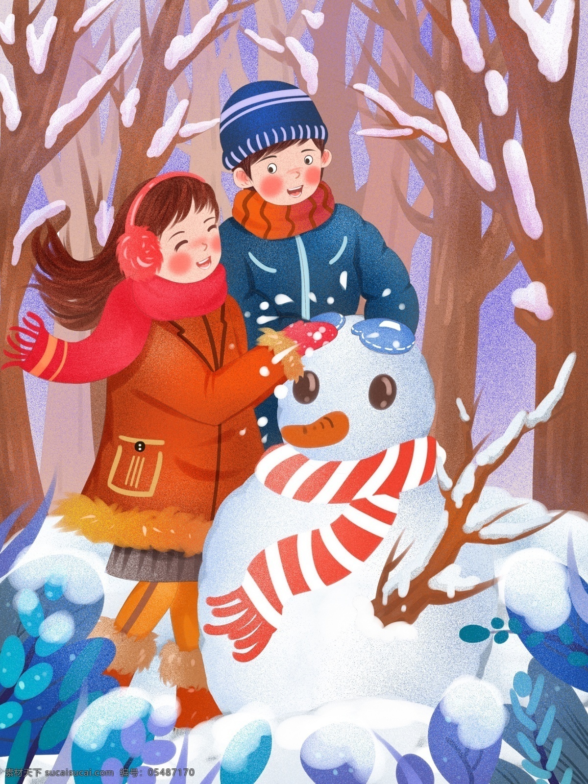 情侣 冬季 日常 户外 一起 堆 雪人 清新 噪 点 插画 树林 开心 情侣冬季日常 堆雪人 积雪 噪点